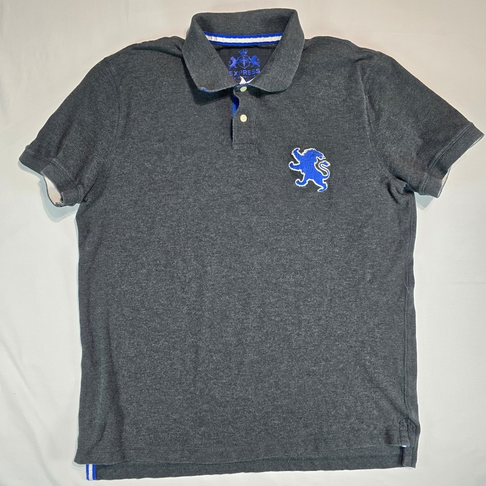 Express Mens Modern Fit Polo Shirt XL Gray Blue Lion Logo Cotton 90103